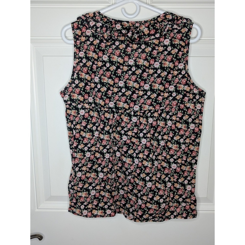 Dressbarn Black Pink Roses Ruffle Pleated Sleeveless Cotton Blouse Women's XL* - Picture 3 of 8
